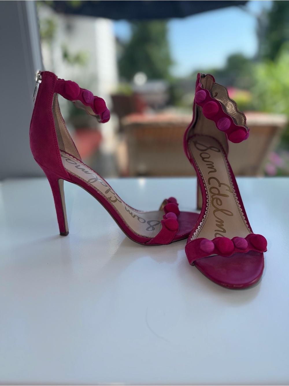 Sam Edelman Fuchsia Beaded Ankle-Strap Stiletto Heels